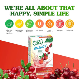 Store shelf display featuring True Lemon Energy packaging.