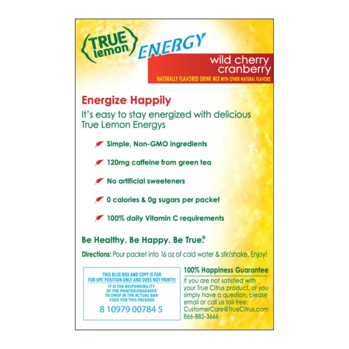 Packaging highlights Vitamin C per packet in True Lemon Energy.