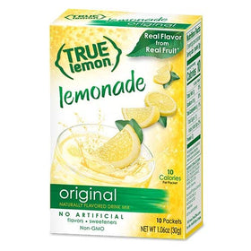 True Lemon lemonade glass being poured, revealing bright citrus color.