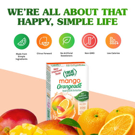 Single sachet of True Lemon Orange Mango Drink Mix for quick mixing.