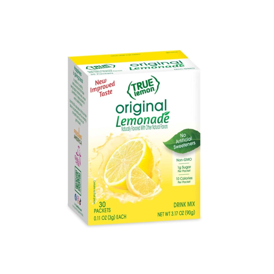 True Lemon Original Lemonade packet dissolving in a glass of water for quick hydration.