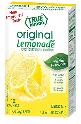 True Lemon Original Lemonade packet being poured into water for refreshing hydration.