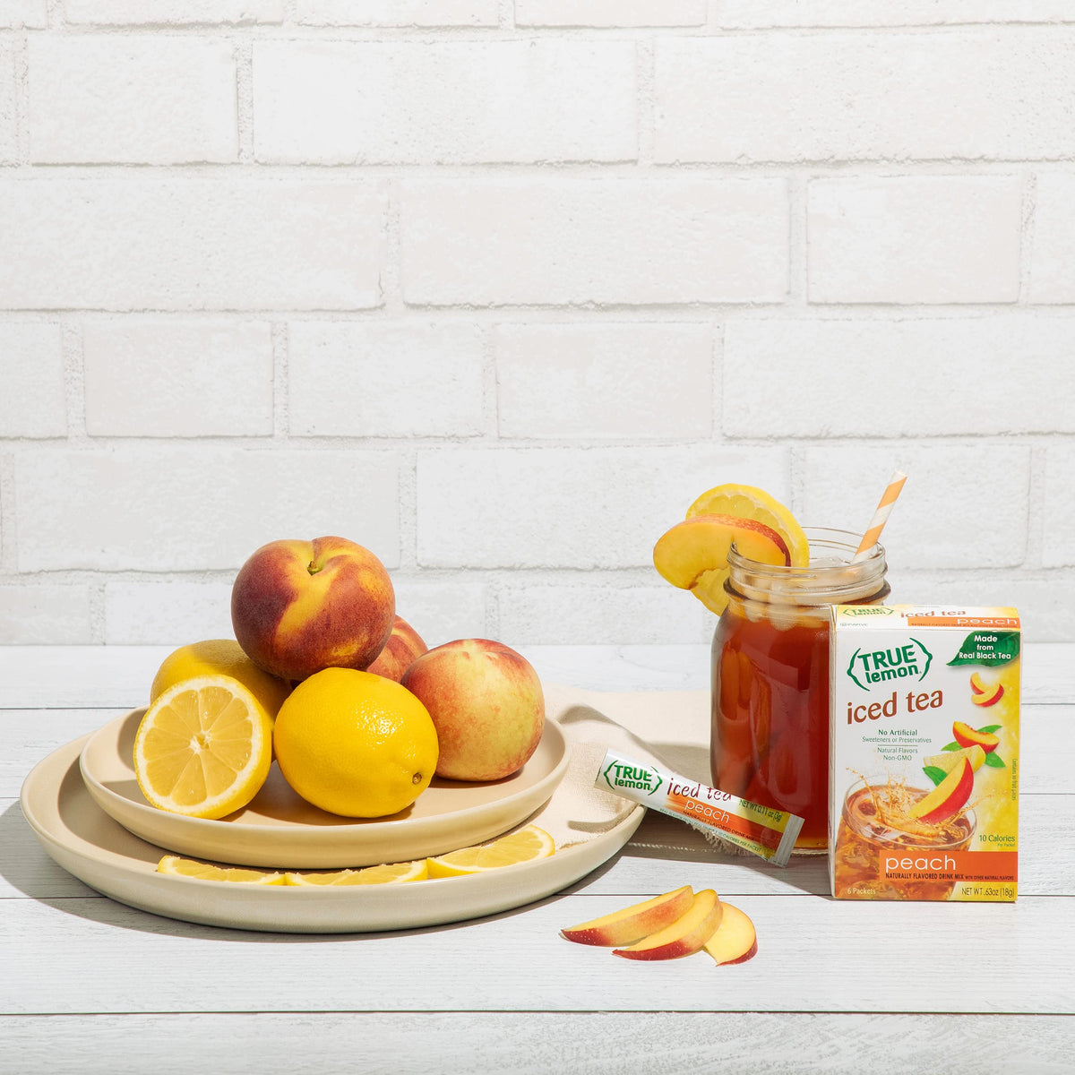 True Lemon Peach Iced Tea label close-up shows branding and flavor notes