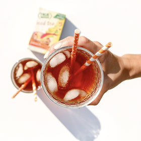 True Lemon Peach Iced Tea packaging box emphasizes 12-pack convenience