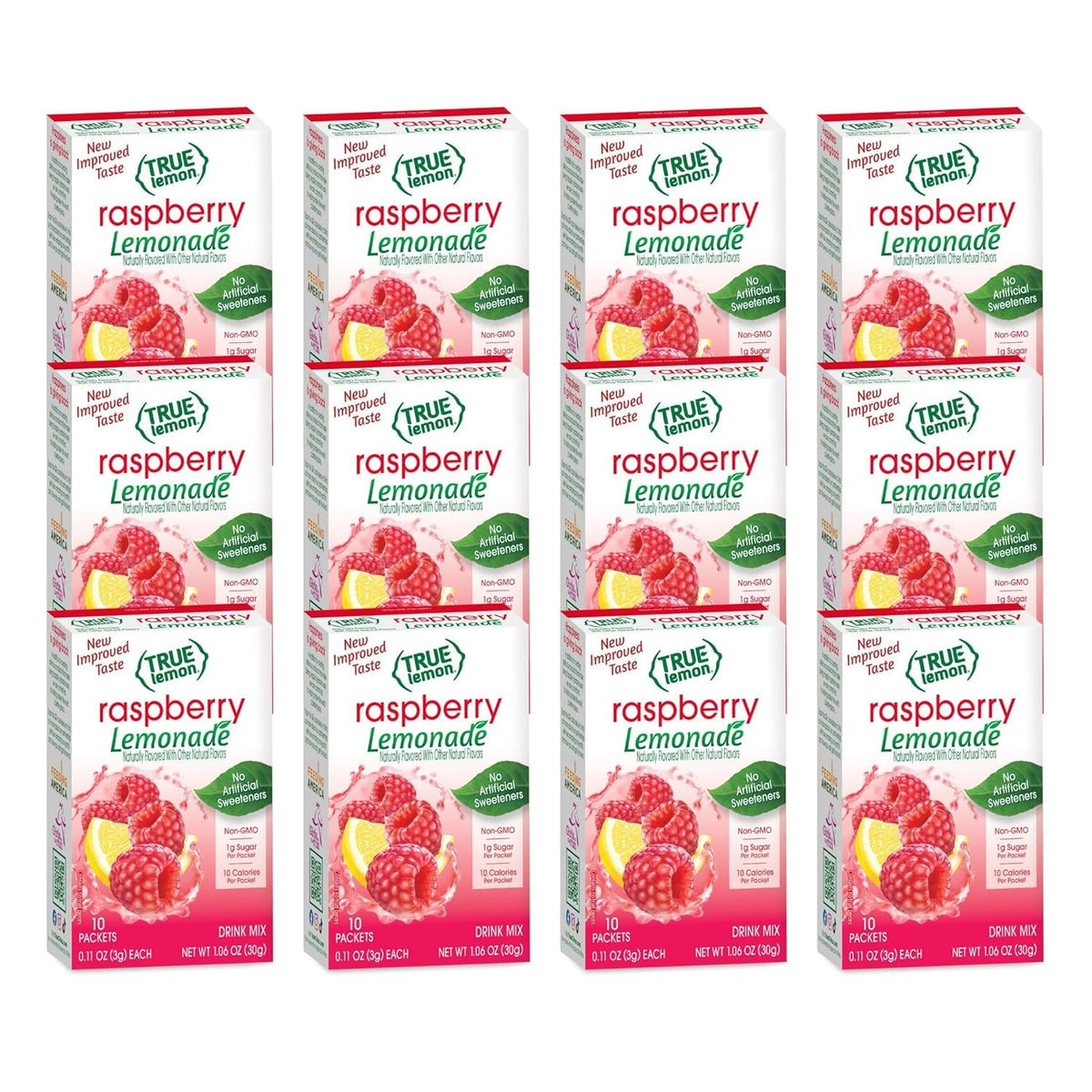True Lemon Raspberry Lemonade packaging highlighting simple ingredients for hydration.