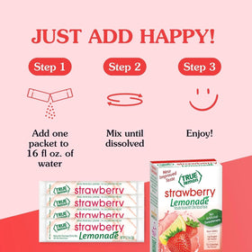 Close-up of the True Lemon Strawberry Lemonade packet highlighting simple, non-GMO ingredients.
