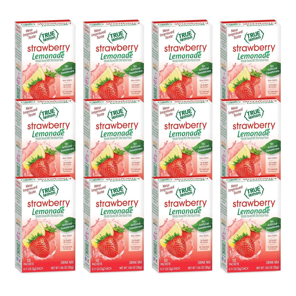 True Lemon Strawberry Lemonade packet dissolves in water for a refreshing, low-calorie hydration boost.