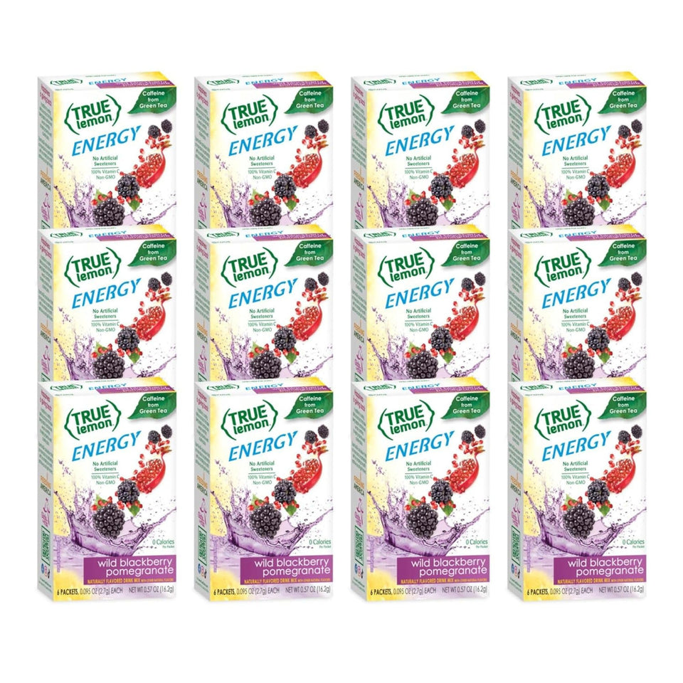 True Lemon Wild Blackberry Pomegranate packet ready to mix for a sugar-free energy boost.