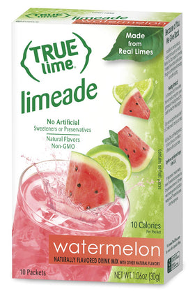 Close-up of True Lime packets showing crisp, sugar-free flavor