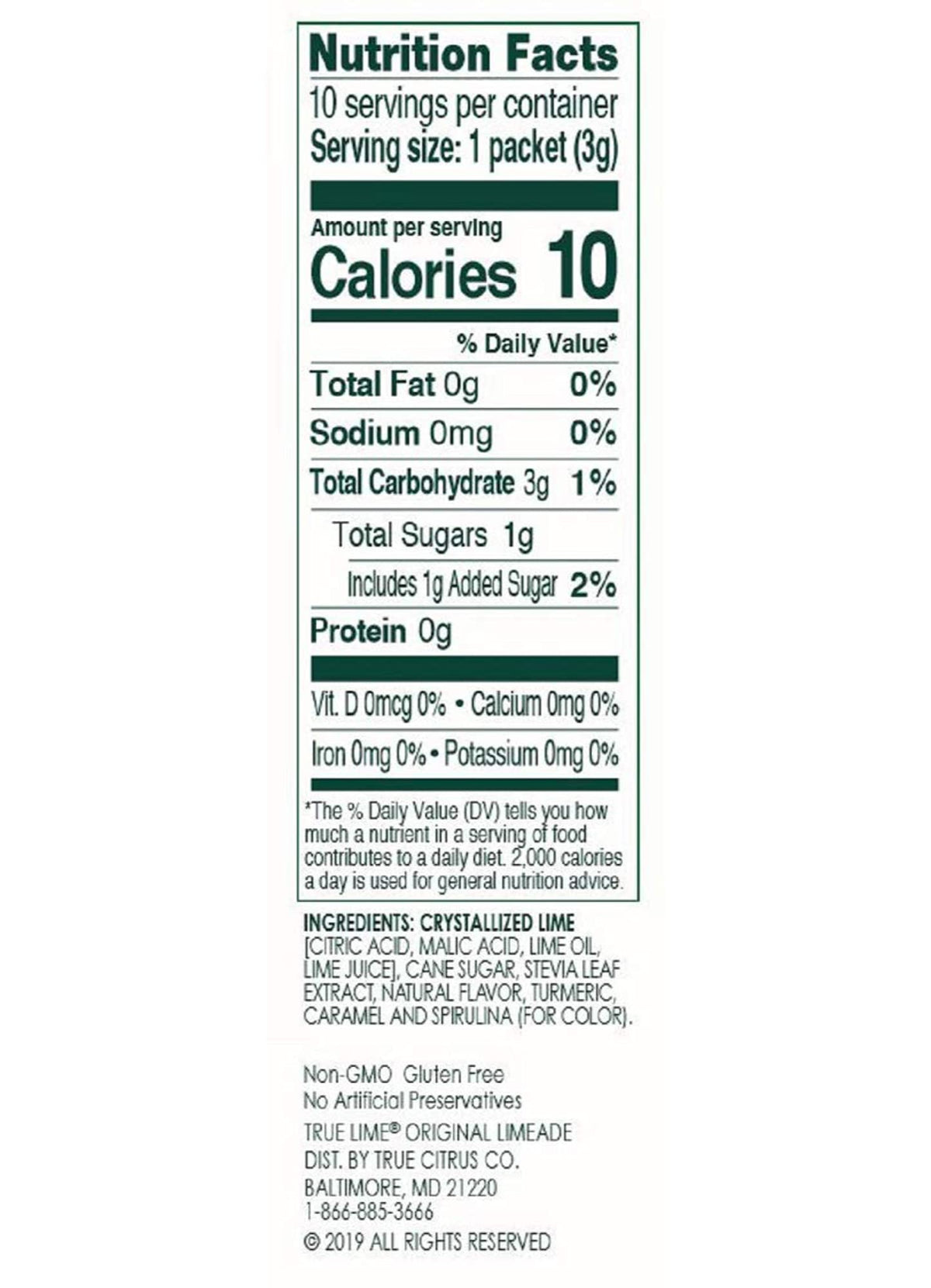 Close-up of True Lime Original Limeade packaging highlighting natural ingredients and stevia.
