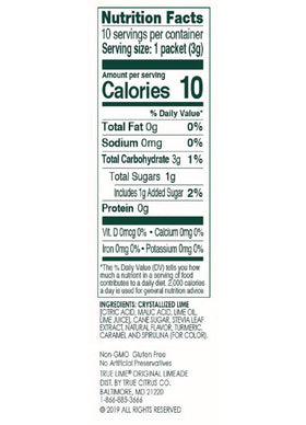 Close-up of True Lime Original Limeade packaging highlighting natural ingredients and stevia.