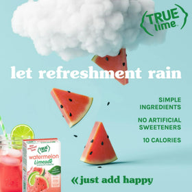 Close-up of True Lime Watermelon Limeade ingredients highlighting natural sweetener and flavor.