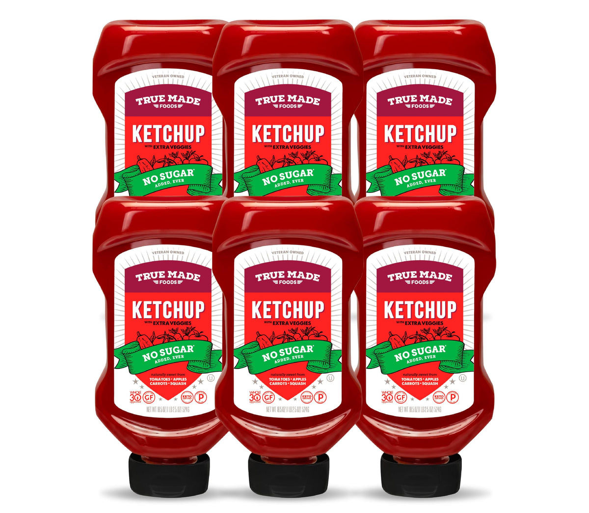 True Made Foods ketchup bottle pour demonstrates no sugar added for keto-friendly meals