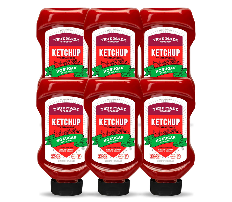 True Made Foods ketchup bottle pour demonstrates no sugar added for keto-friendly meals