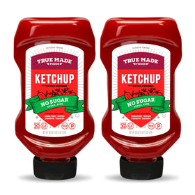 True Made Foods no sugar added ketchup bottle showing real fruit sweetness and versatility