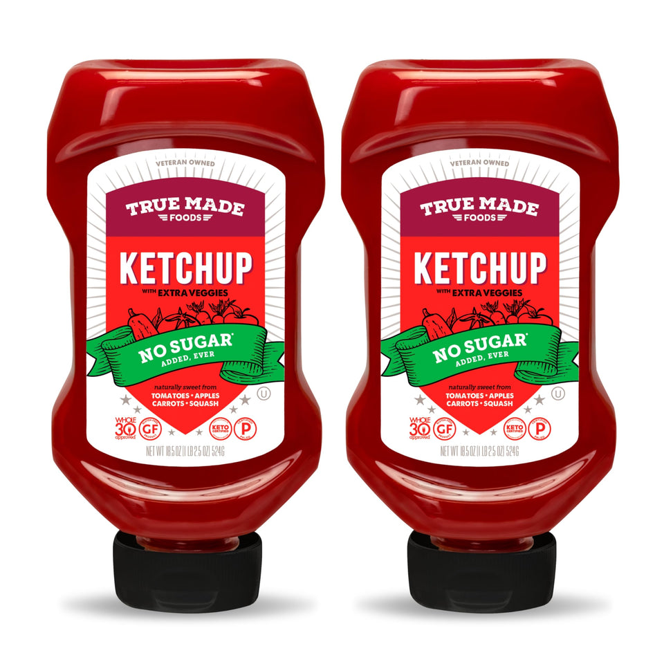 True Made Foods no sugar added ketchup bottle showing real fruit sweetness and versatility
