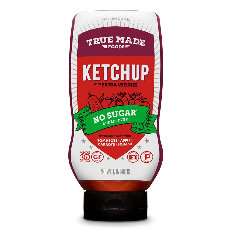 True Made Foods vegetable ketchup squeeze front view, convenient no added sugar option.