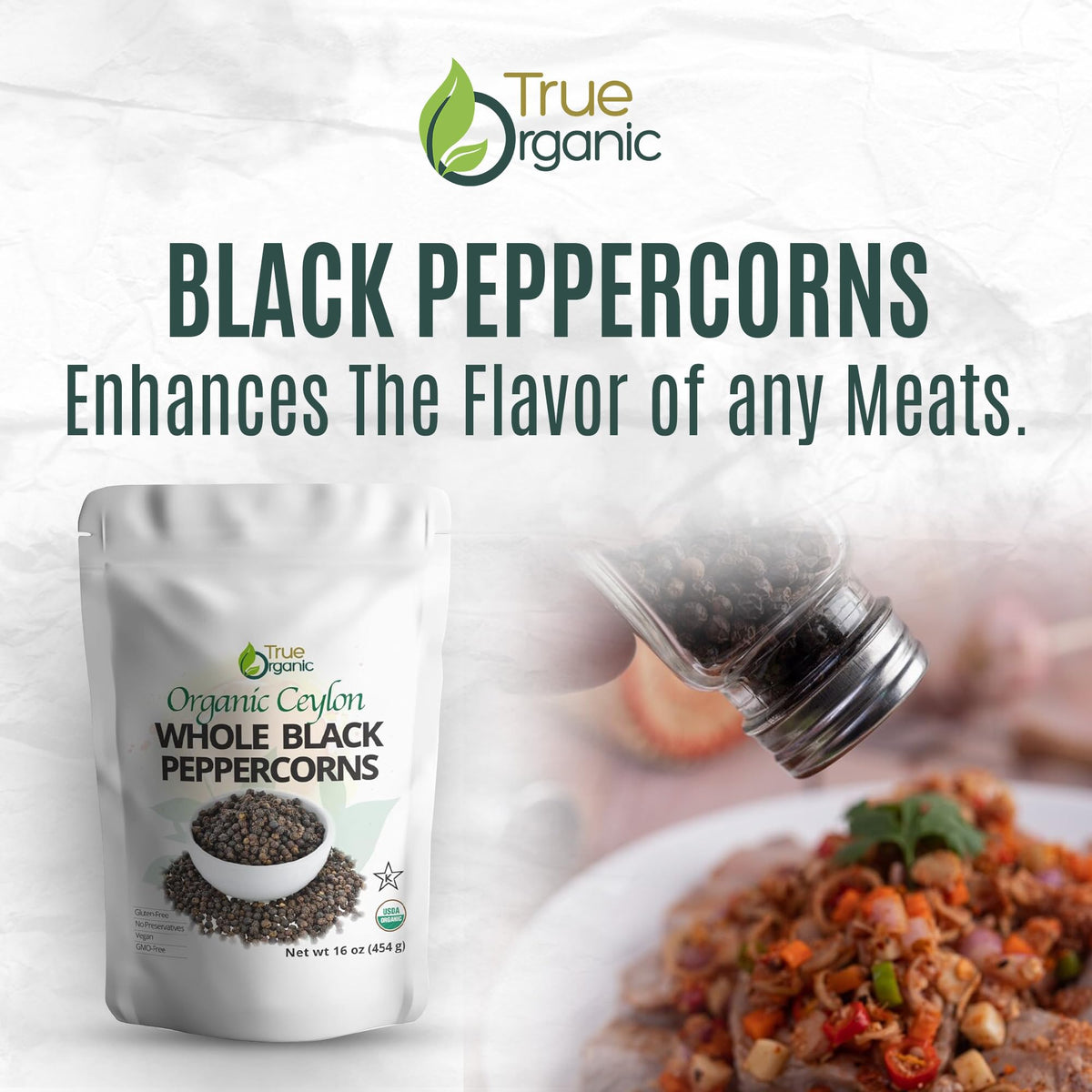True Organic peppercorns with USDA Organic certification seal