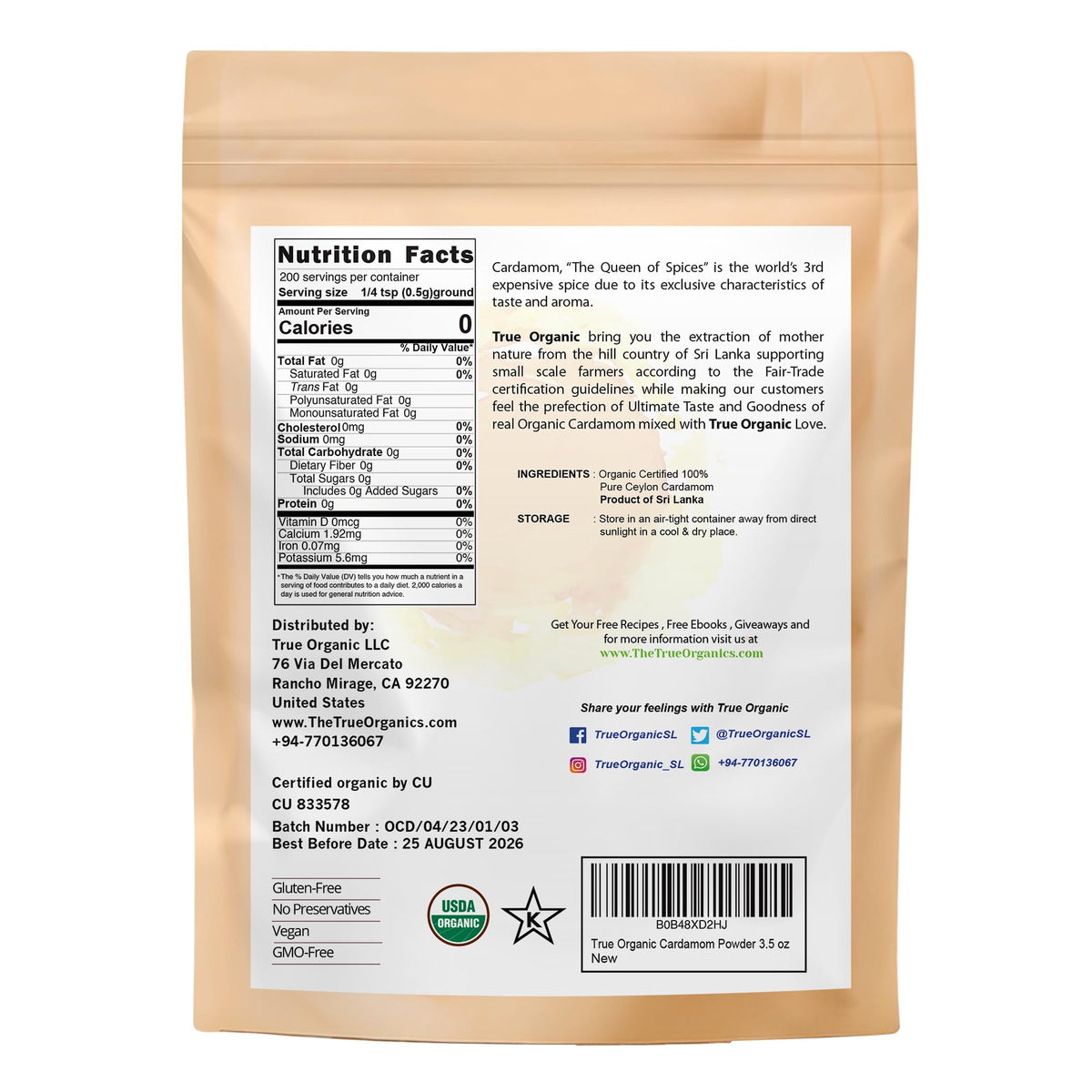 True Organic Cardamom Powder label closeup, certified organic flavor from Sri Lanka.