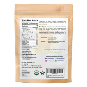 True Organic Cardamom Powder label closeup, certified organic flavor from Sri Lanka.