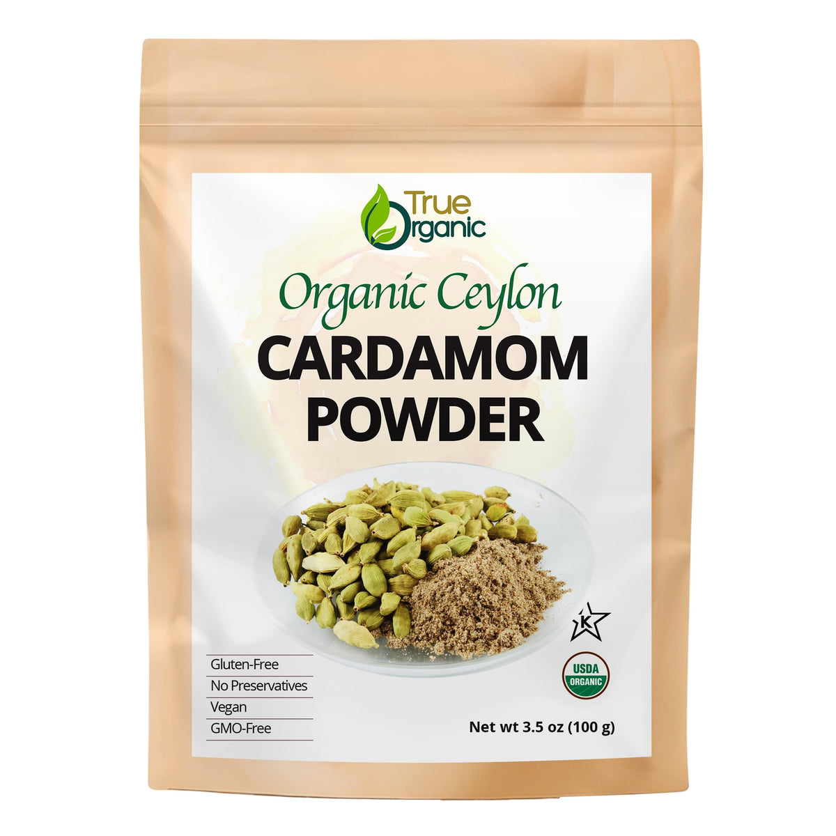 True Organic Cardamom Powder in a paper bag front, premium aroma for baking and cooking.