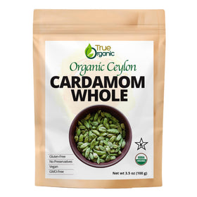 True Organic Cardamom Whole in a 3.5 oz bag delivers fresh aroma.