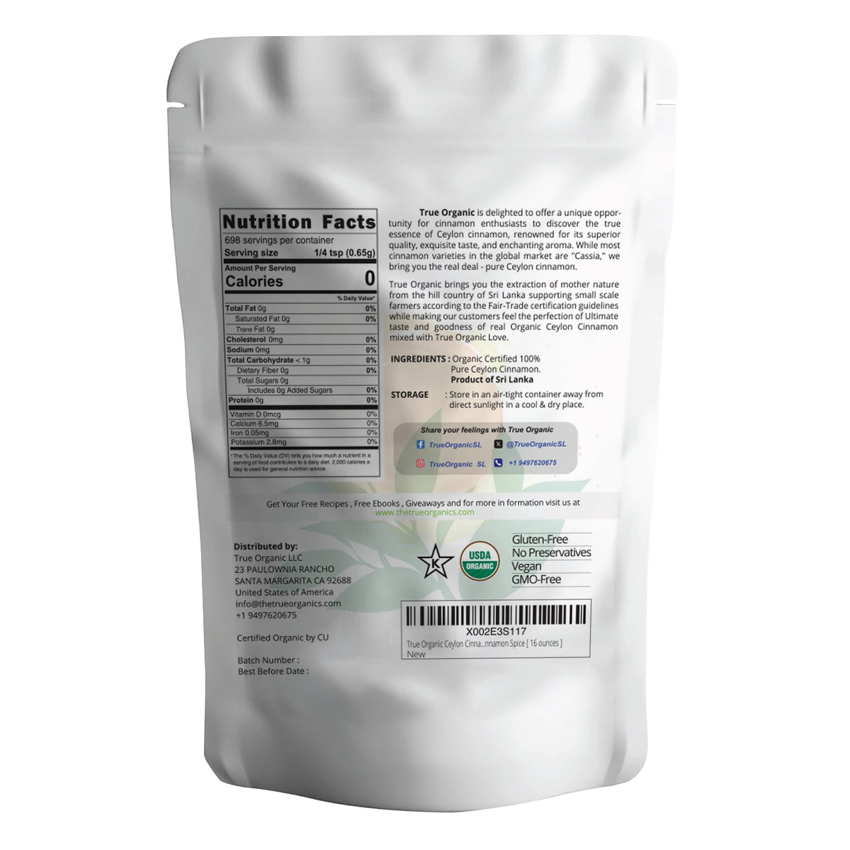 True Organic cinnamon powder packaging crafted for freshness in your kitchen