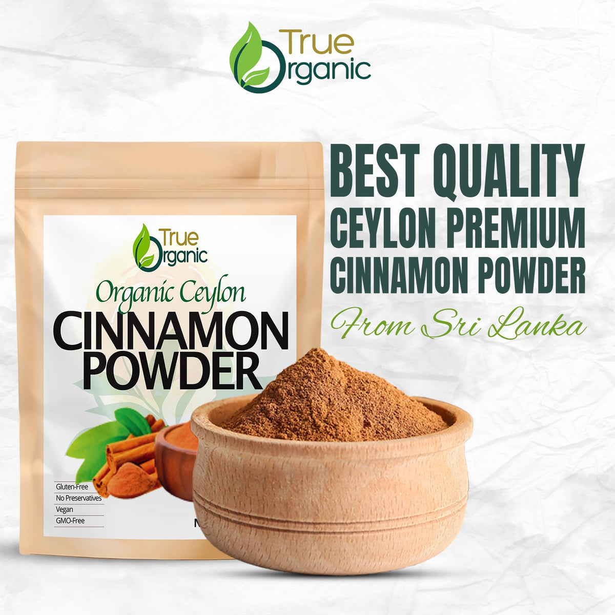 True Organic Ceylon Cinnamon Powder with a scoop-jar for precise baking measurements.