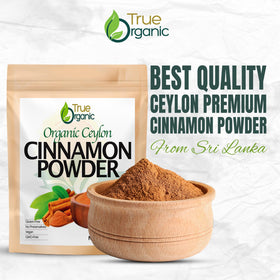 True Organic Ceylon Cinnamon Powder with a scoop-jar for precise baking measurements.