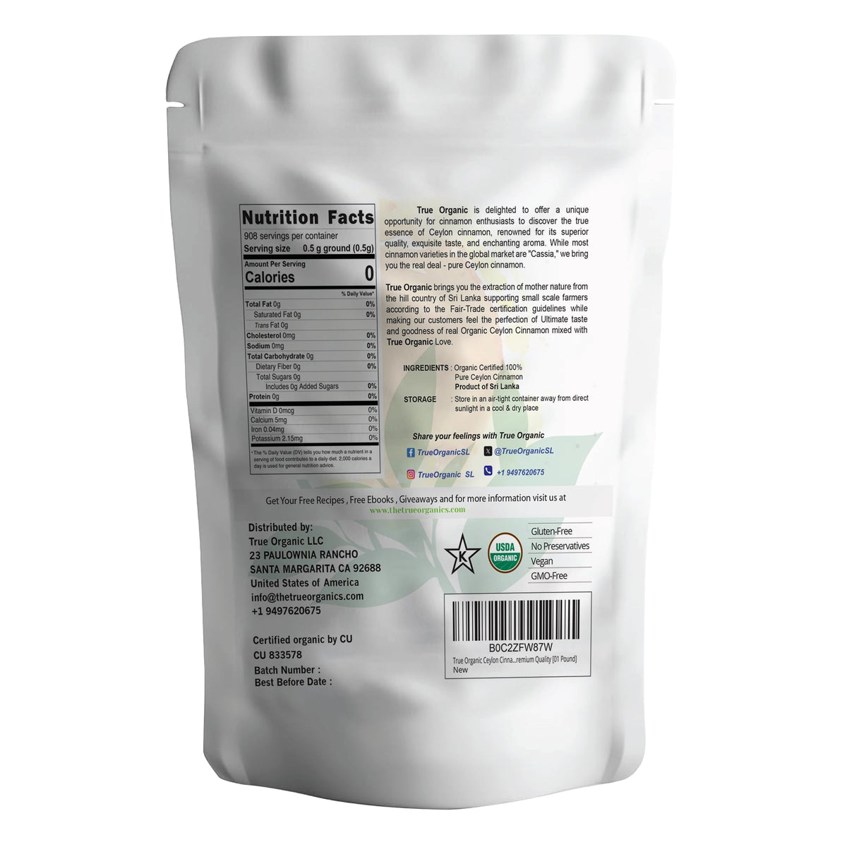 True Organic Ceylon Cinnamon Sticks packaging closeup highlights premium sourcing and aroma