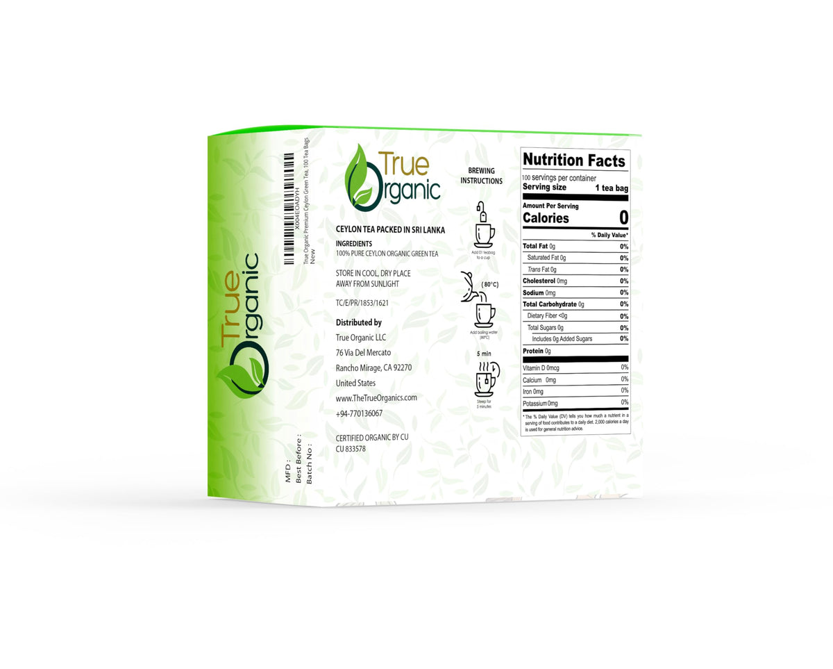 True Organic Ceylon Green Tea box emphasizes 100-count packaging for hospitality or home use.