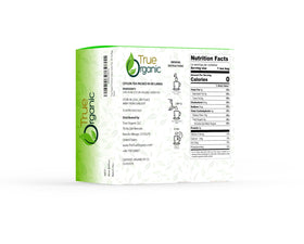 True Organic Ceylon Green Tea box emphasizes 100-count packaging for hospitality or home use.