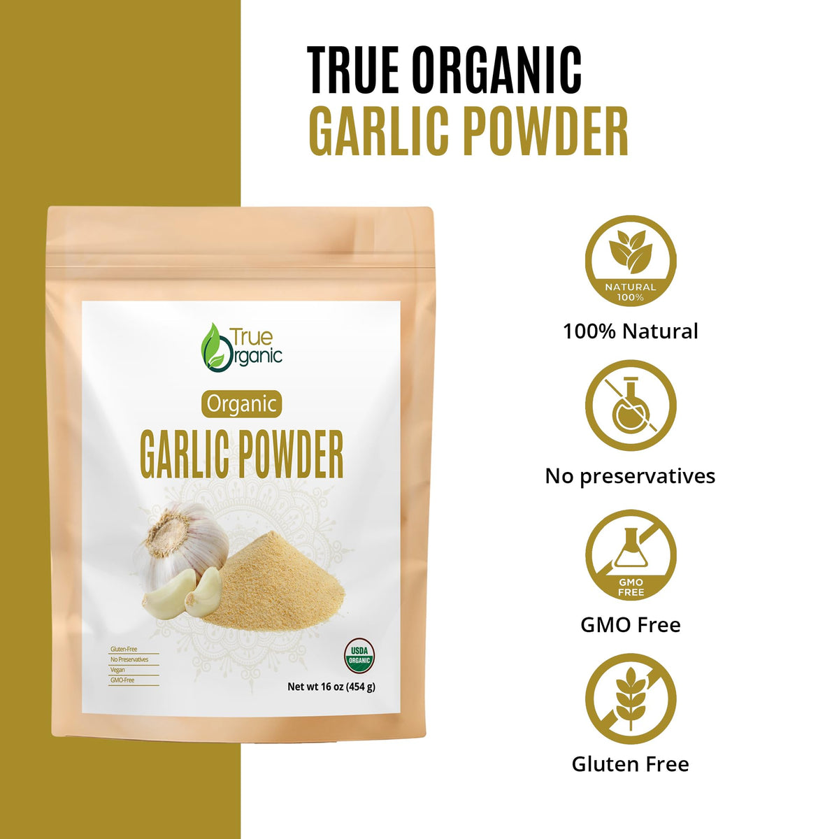 True Organic Garlic Powder bottle pour demonstrating quick seasoning