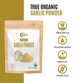 True Organic Garlic Powder bottle pour demonstrating quick seasoning