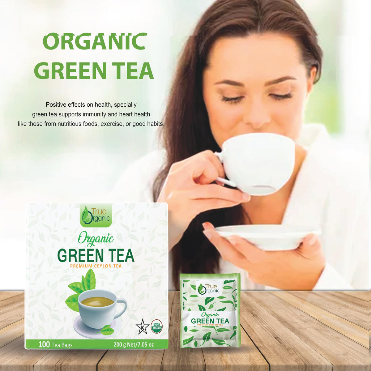 True Organic Kosher-certified green tea leaves ready to steep for a soothing cup.