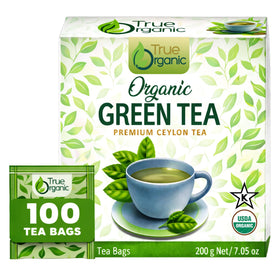 True Organic Premium Ceylon Green Tea tea bags in a box for daily home brewing.