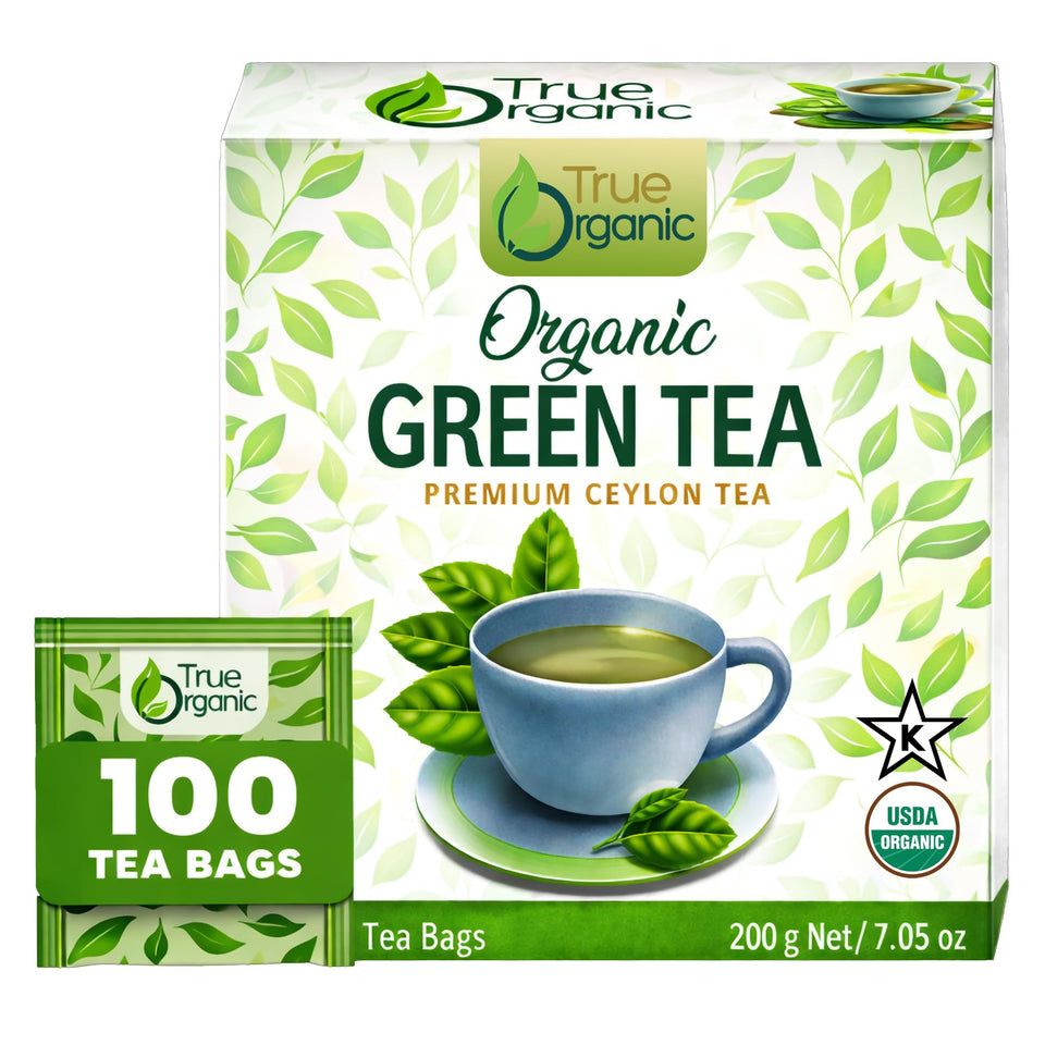 True Organic Premium Ceylon Green Tea tea bags in a box for daily home brewing.