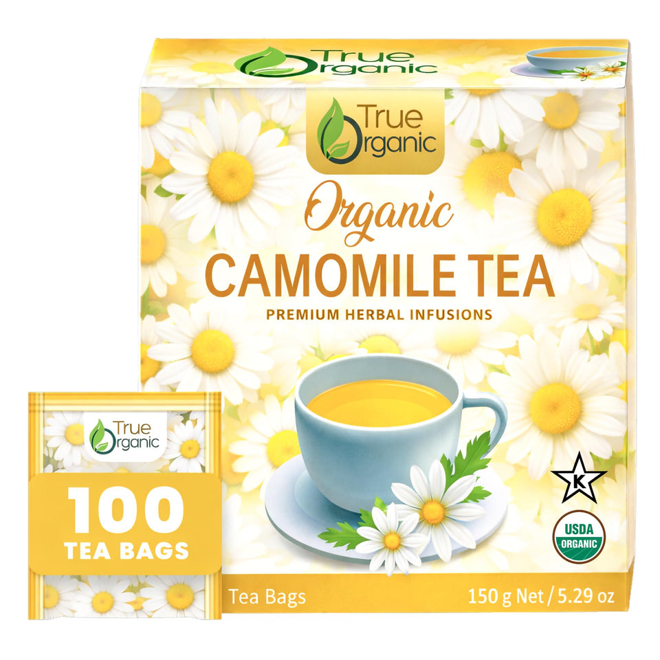 True Organic Chamomile Tea box front view suggesting calm and purity.