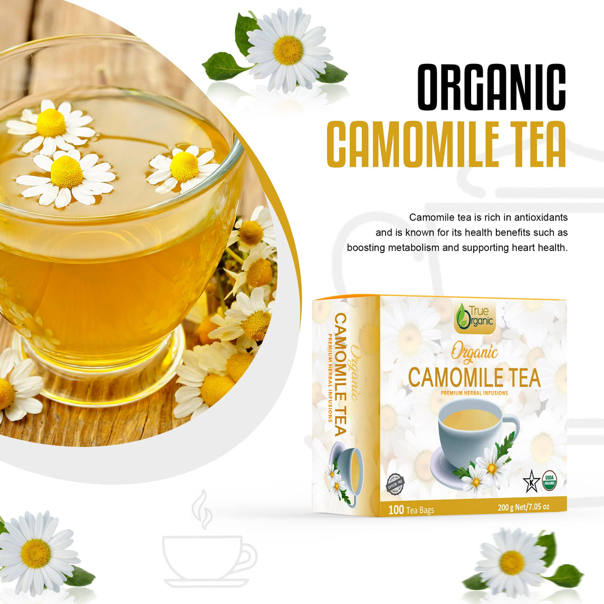 True Organic Premium Chamomile Tea steeping releases warm, comforting aroma.