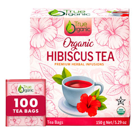True Organic Premium Hibiscus Tea bags in a box, ready for daily brewing