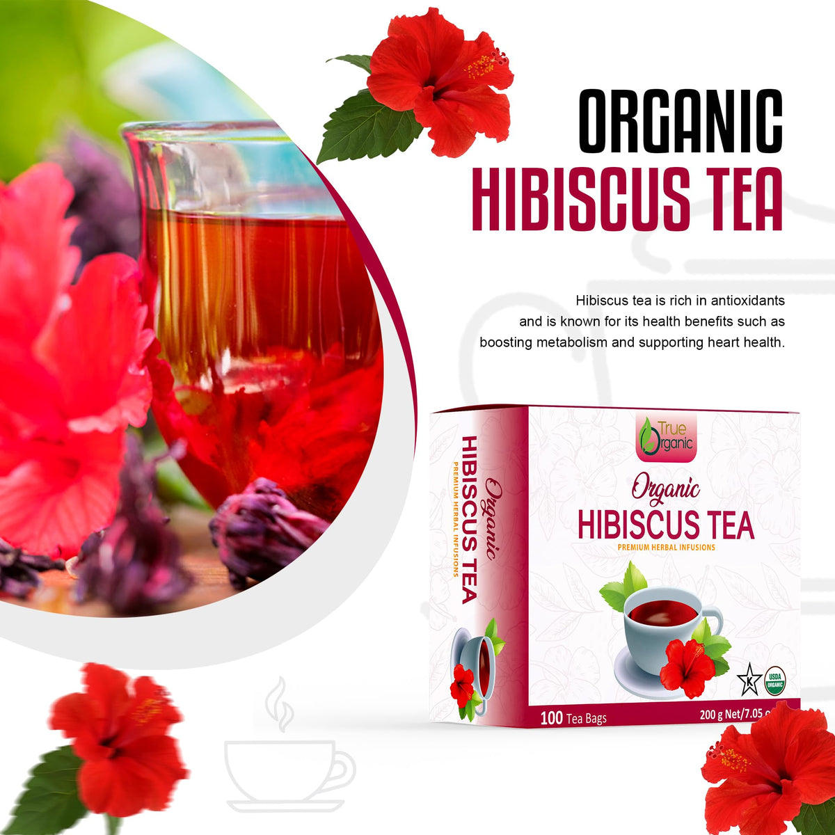 Steeping True Organic Hibiscus Tea in a cup with steam