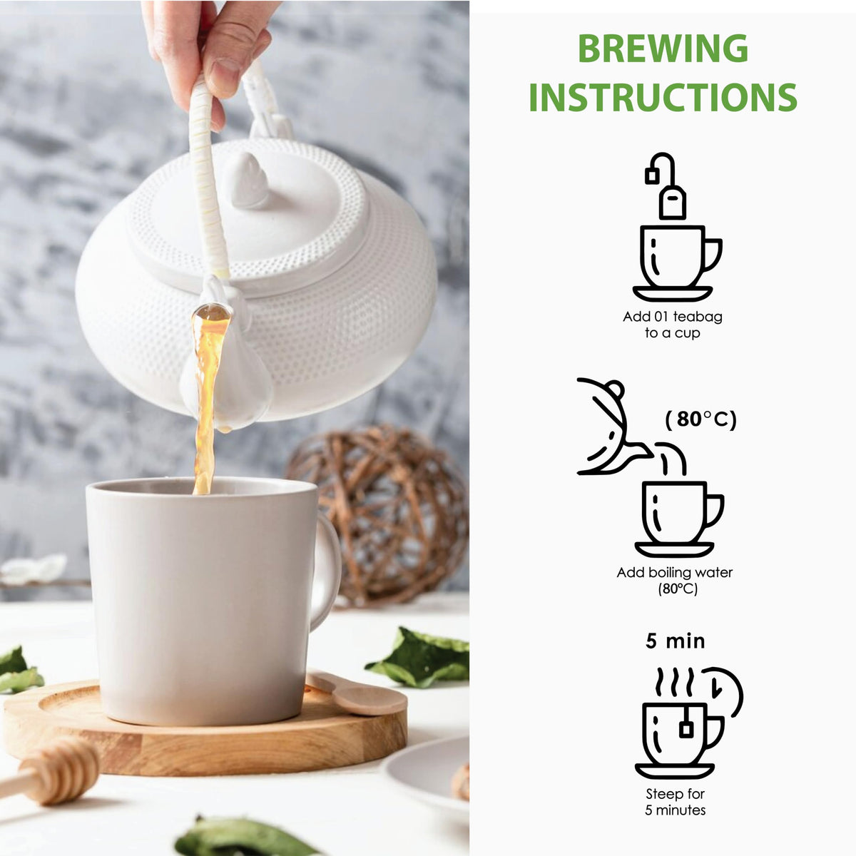 True Organic Sri Lanka green tea aroma shines in hot or iced beverages.