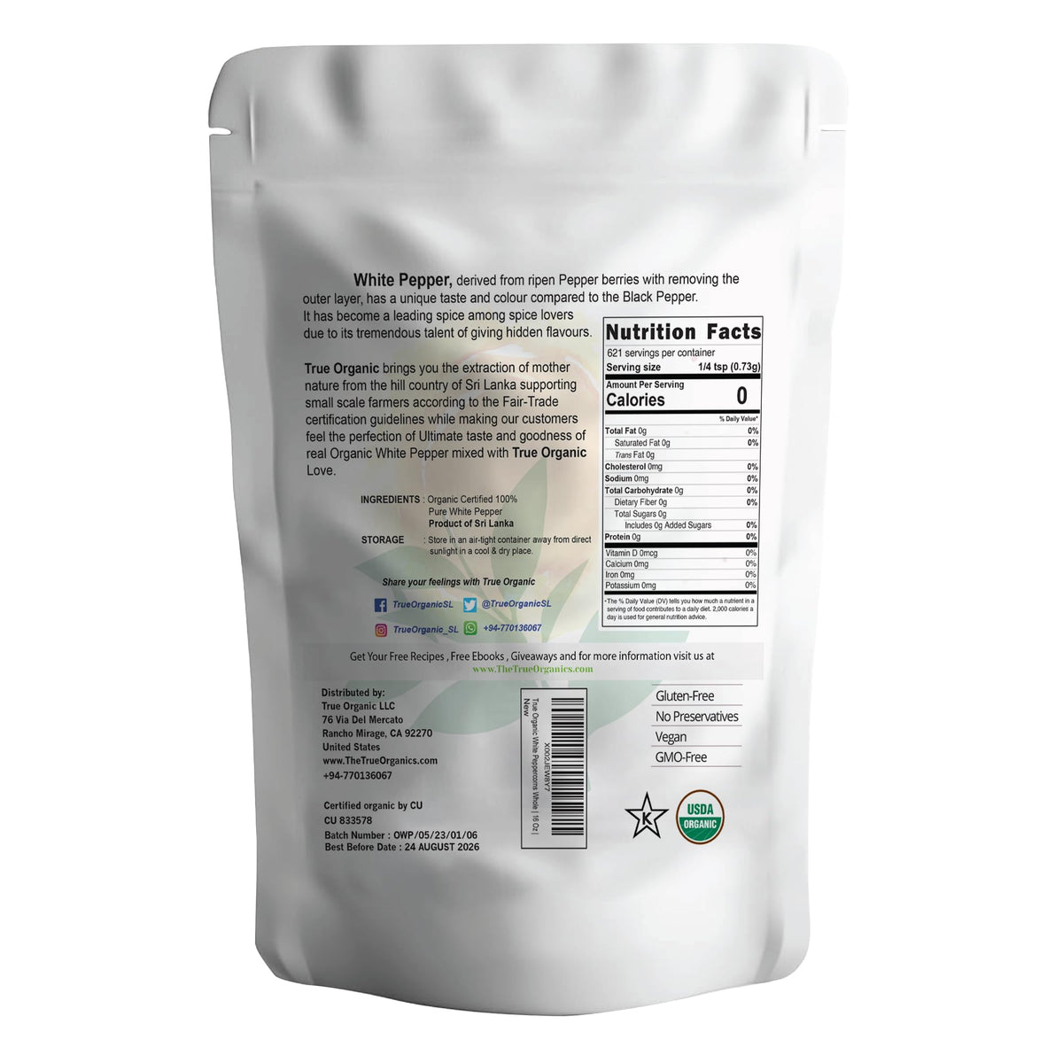 True Organic White Peppercorns aroma closeup highlighting clean, delicate spice notes