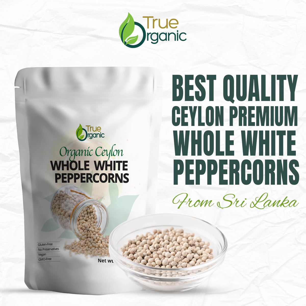 True Organic White Peppercorns in paper bag packaging emphasizing sustainable packaging