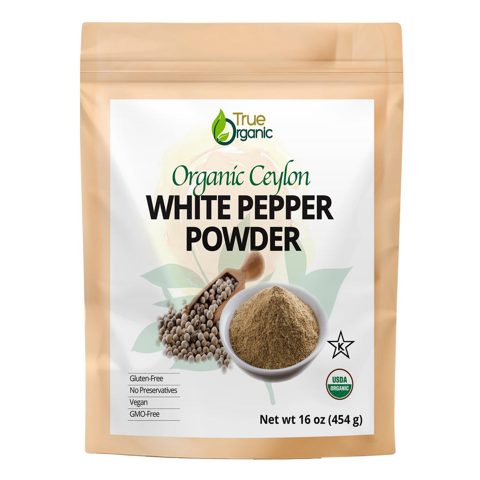 True Organic White Pepper Powder bag, premium organic spice for cooking.