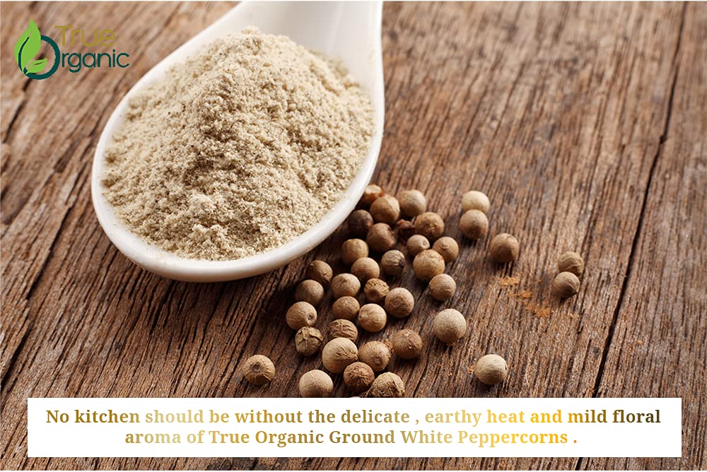 True Organic White Pepper Powder on kitchen counter for everyday use.