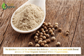True Organic White Pepper Powder on kitchen counter for everyday use.