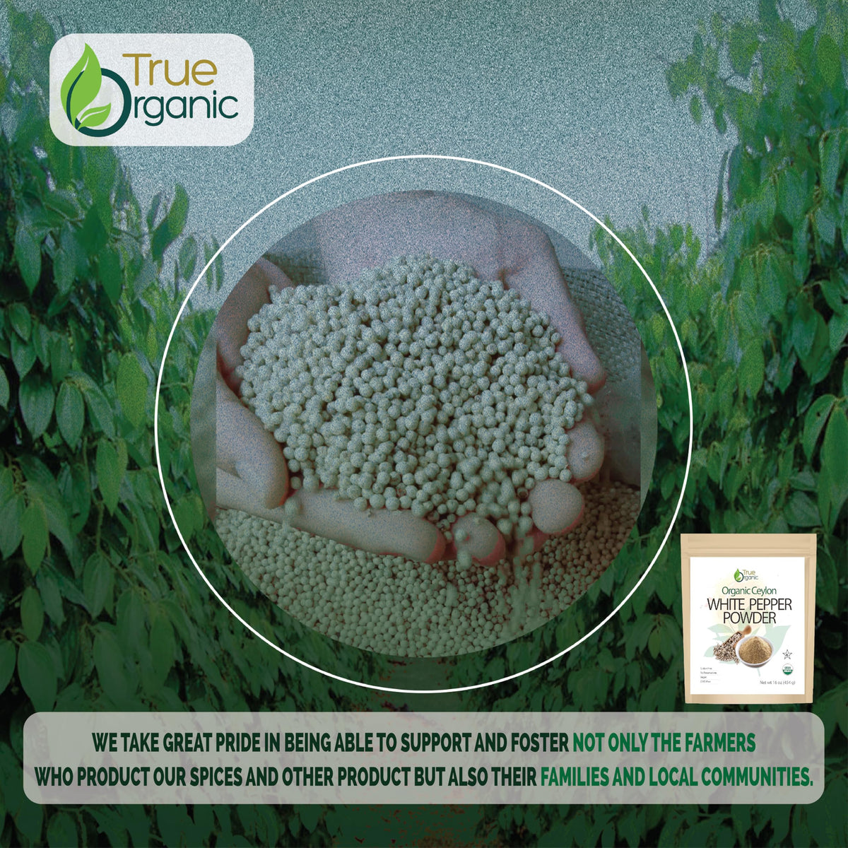 True Organic White Pepper Powder packaging with USDA Organic and Kosher seals.