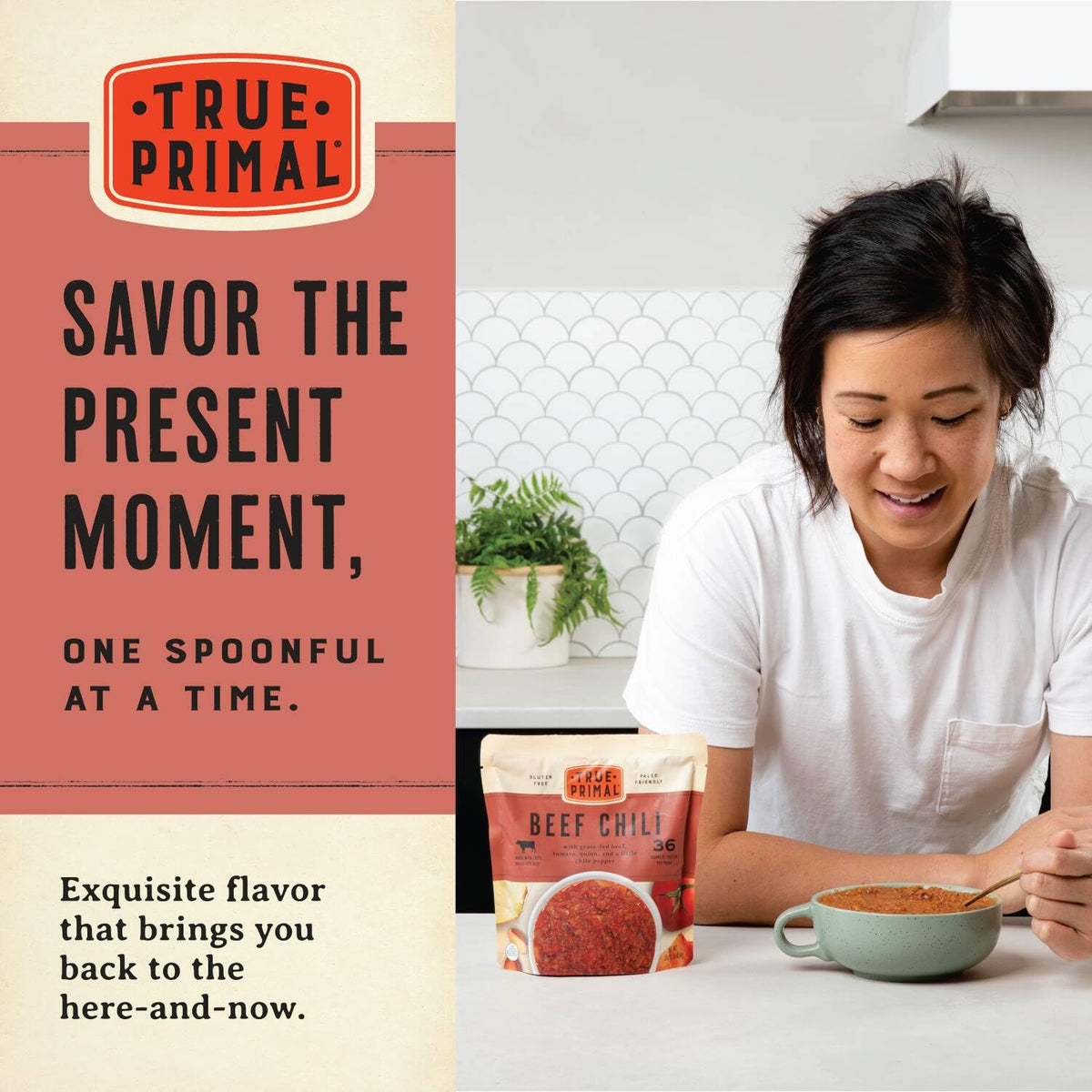 Aromatic True Primal Beef Chili steaming in a bowl for comforting meals.