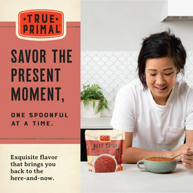 Aromatic True Primal Beef Chili steaming in a bowl for comforting meals.
